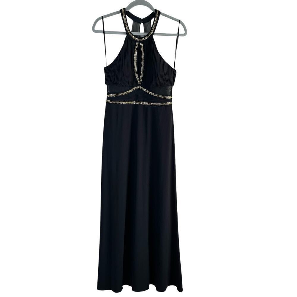 Betsy & Adam Halter Neck Beaded Black Formal Gown Maxi Dress‎ Mesh Panels, Sz 8